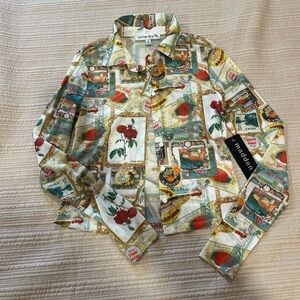 Madden Girl Cream Button-Down Shirt with Red Rose & Multicolor Vintage Print